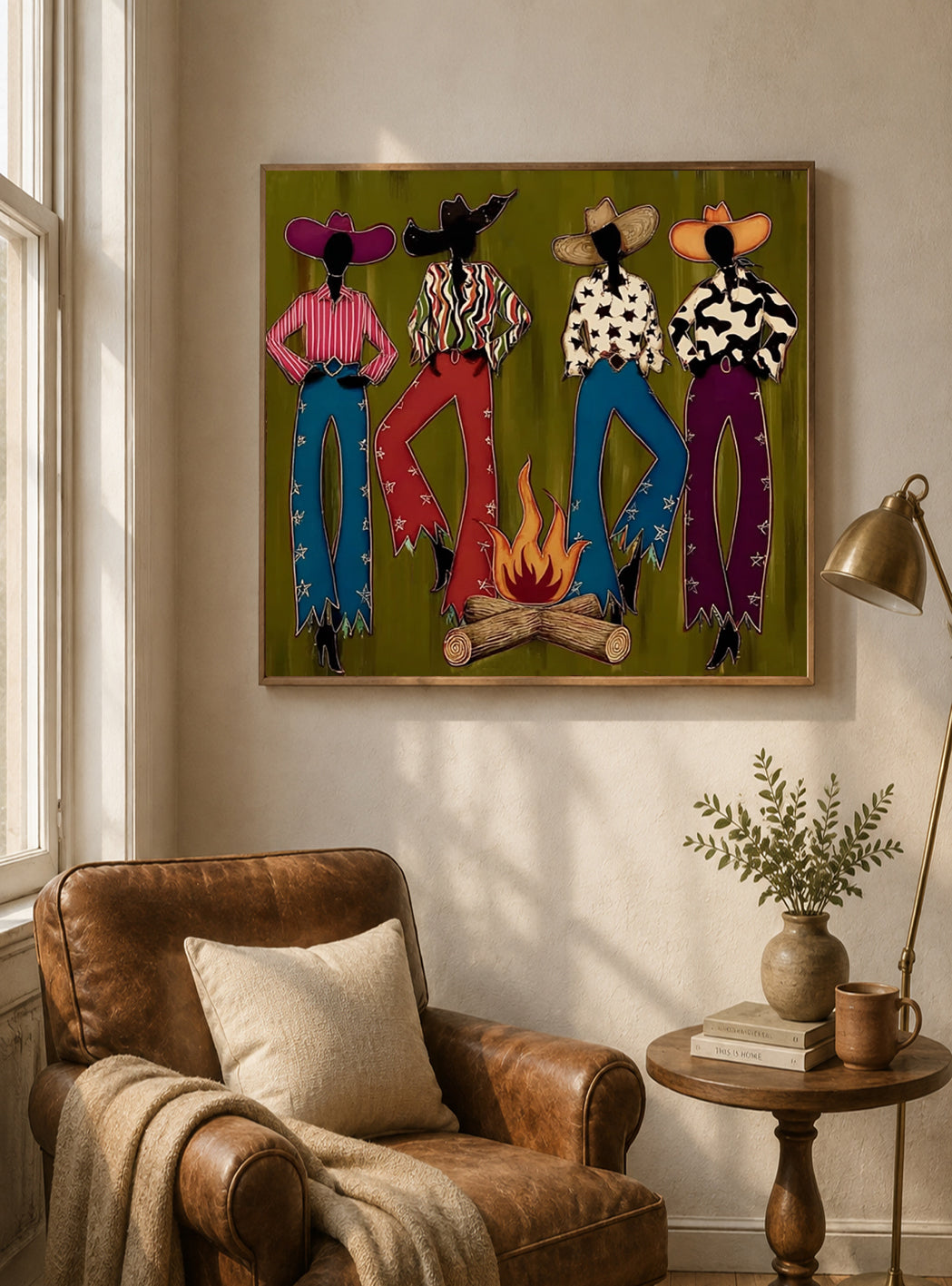 Colorful Cowgirl Painting, Retro Southwest Decor, Olive Green Handmade Artwork
