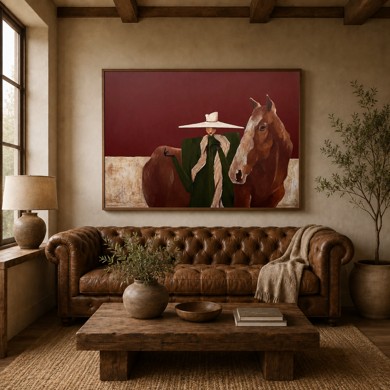 Vintage Woman And Horse Painting With Hat Earthy Tones Square Canvas Wall Art For Living Room