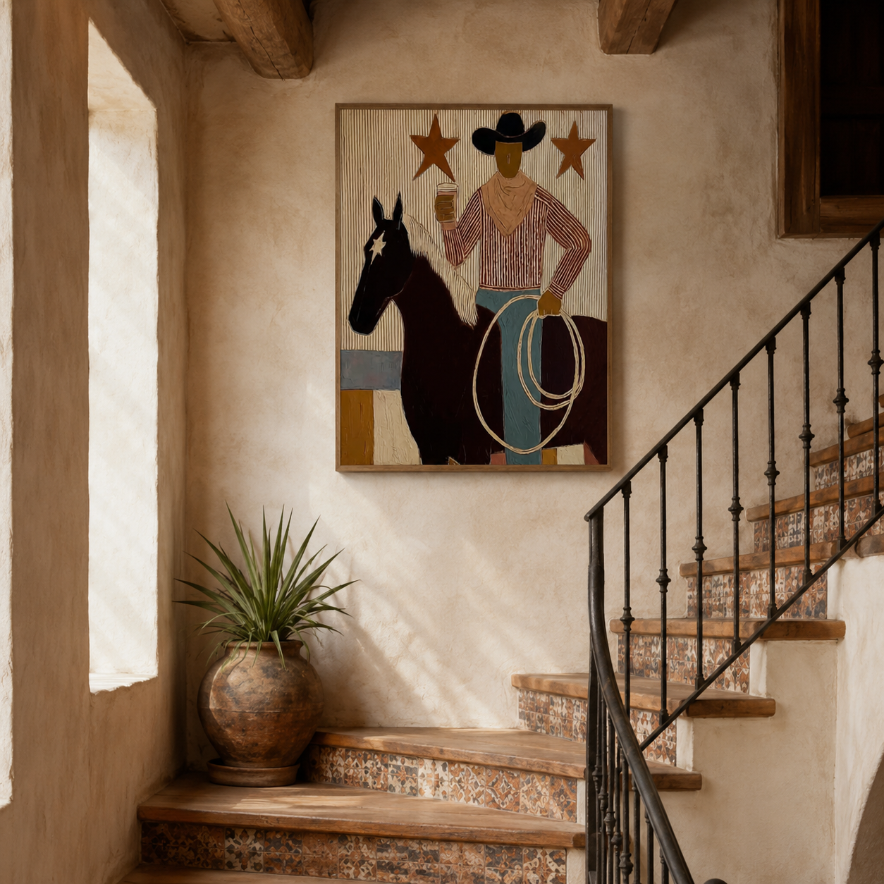 Folk Cowboy Painting With Horse And Lasso For Rustic Wall Decor