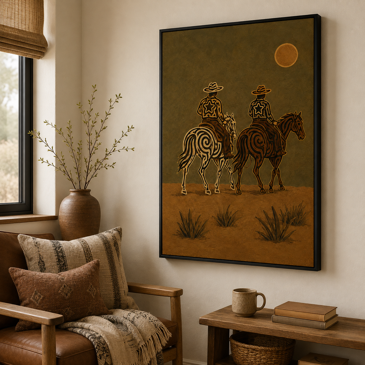 Moonlit Cowboys Painting, Western Horse Riders, Southwestern Desert Wall Art For Western Decor