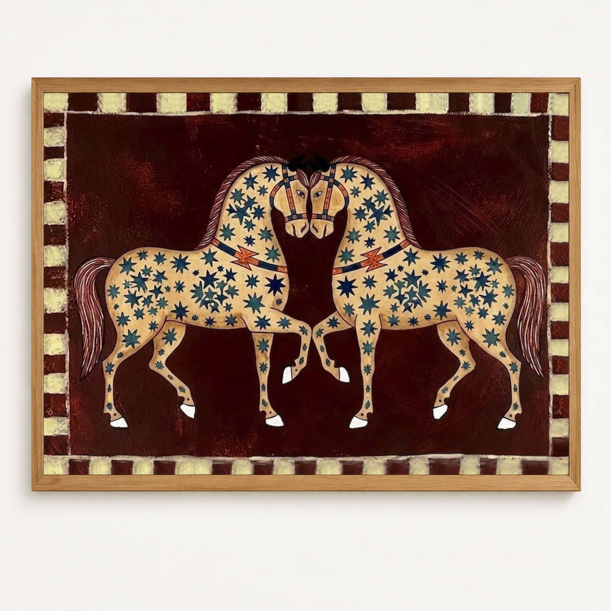 Medieval Folk Art Horse Painting With Stars On Brown Canvas For Classic Home Decor