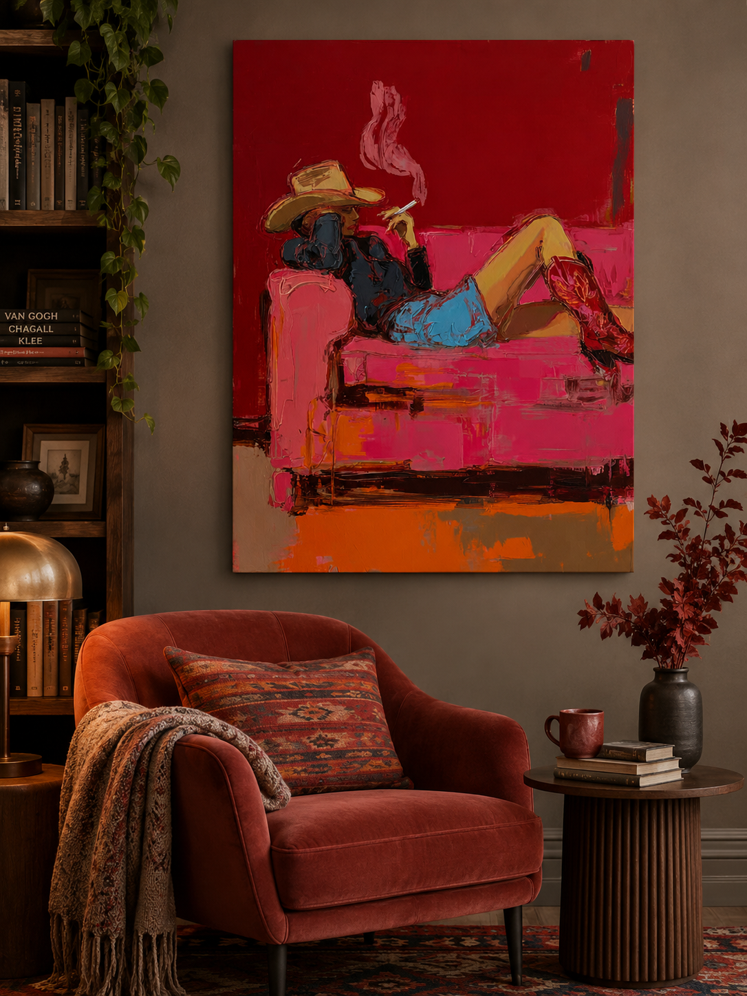 Modern Western Art Painting Of Cowgirl Smoking In Red For Living Room Decor