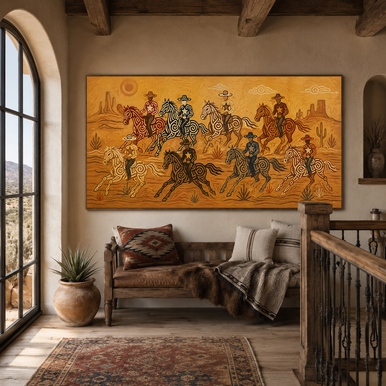Panoramic Desert Cowboy Painting, Southwestern Horse Riders, Arizona Western Landscape Art