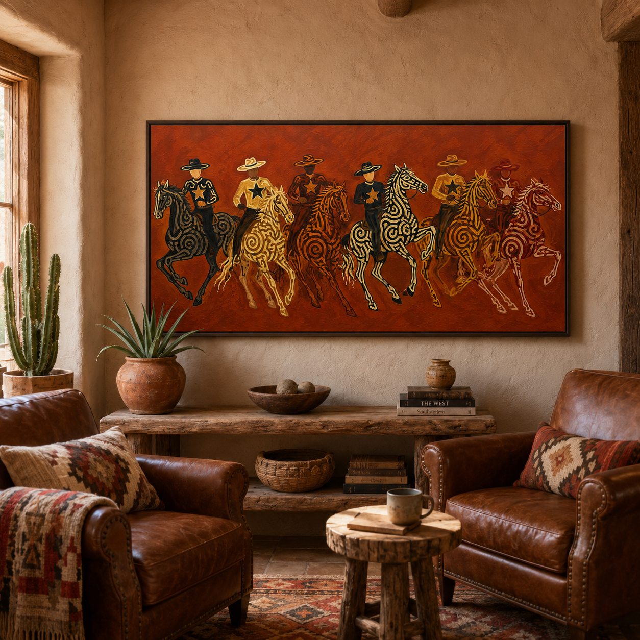 Panoramic Cowboy Horsemen Painting, Terracotta Western Riders, Rustic Ranch Wall Art