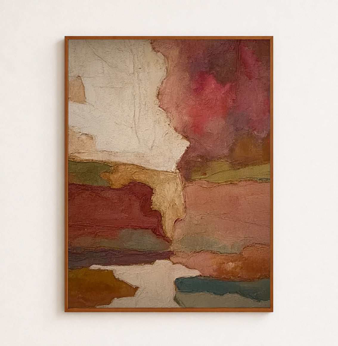 Earth Tone Art Vintage Terracotta Abstract Landscape Painting | Cream & Olive Organic Wall Art