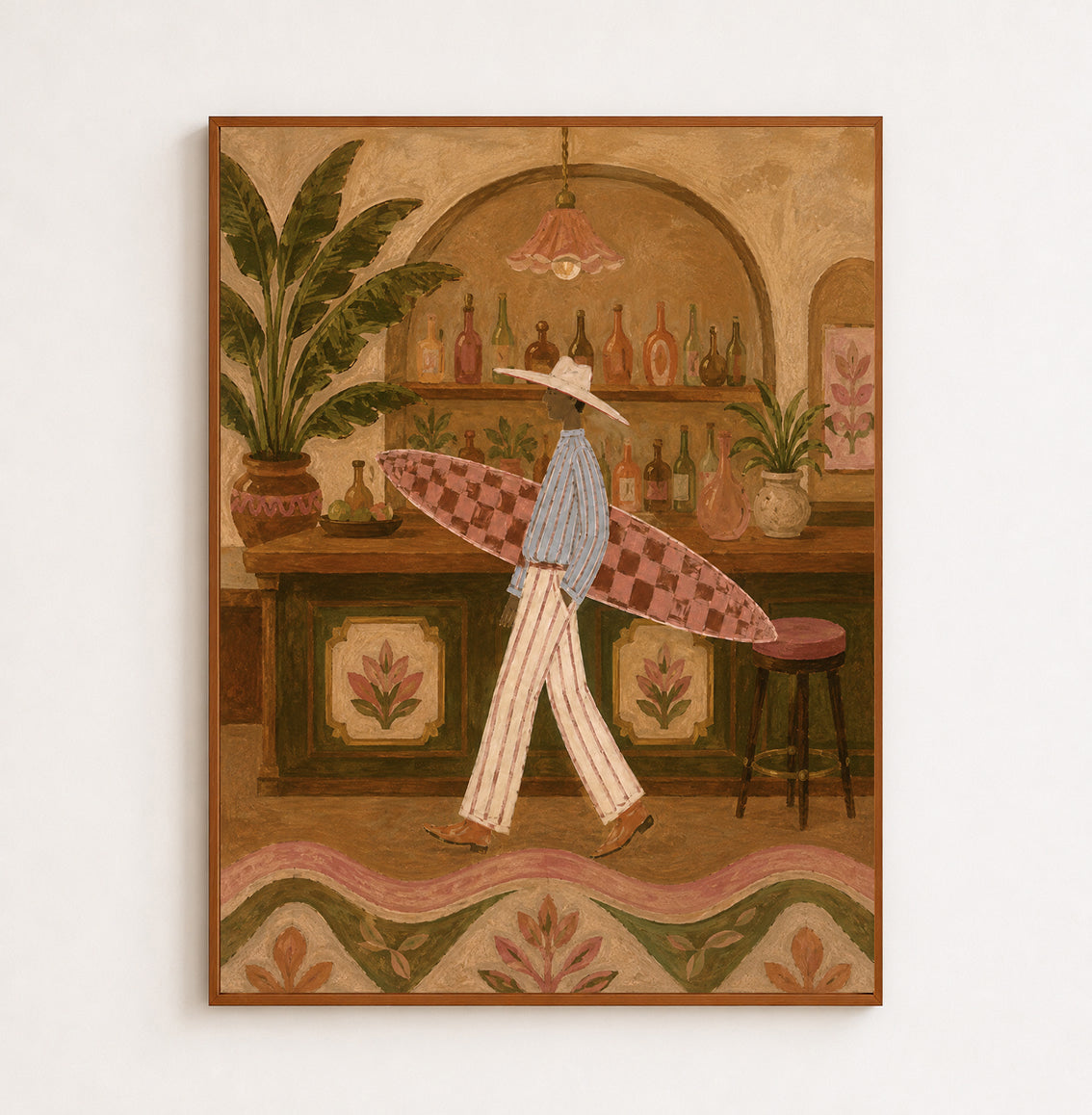 Retro Surfer Woman Painting, Coastal Bar Art, Vintage Resort Wall Decor Surfboard Wall Art