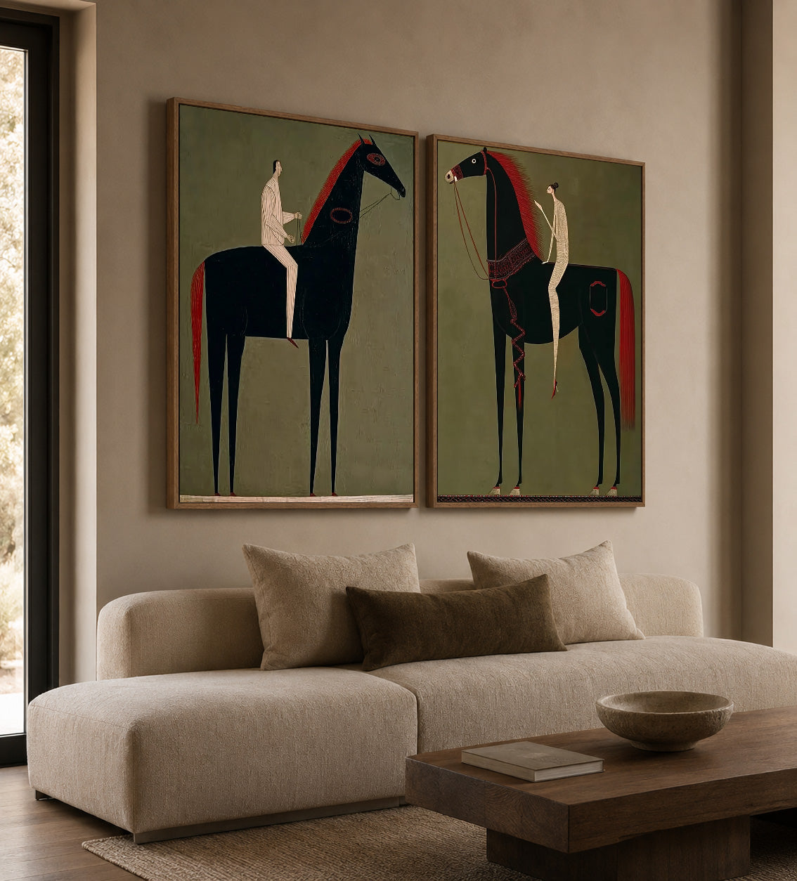 Modern Equestrian Art Set Of Two Black Horse Paintings For Living Room Decor