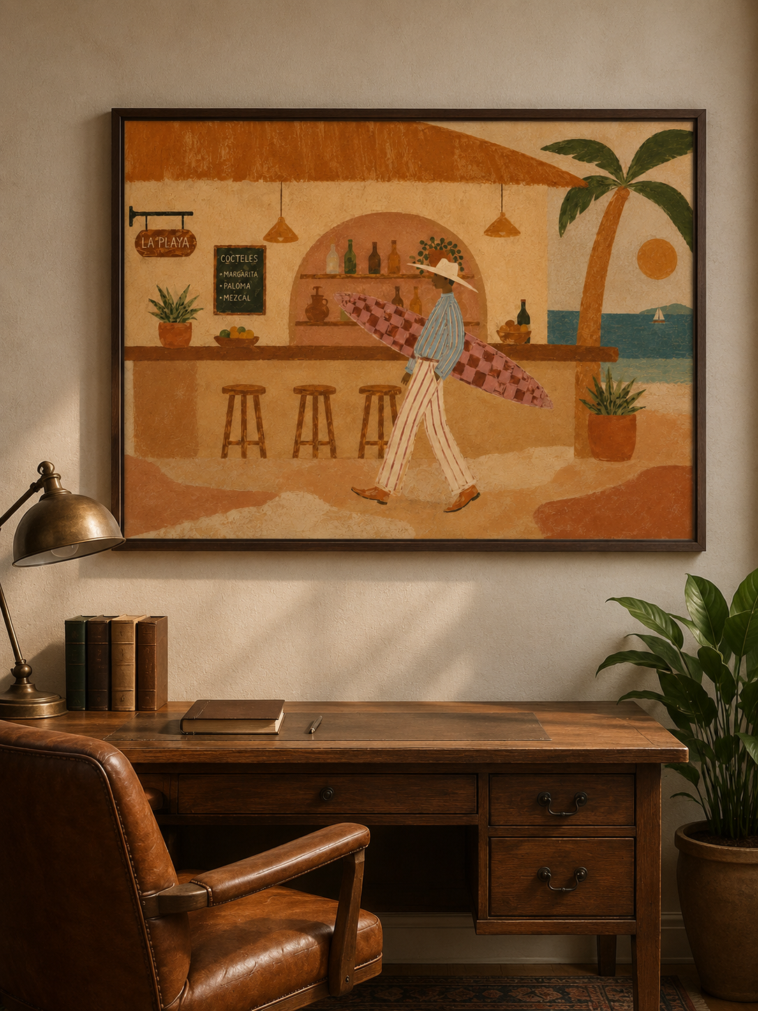 Surfer Man Oil Painting, Beach Bar Wall Art, Retro Coastal Surf Decor Beach House Decor