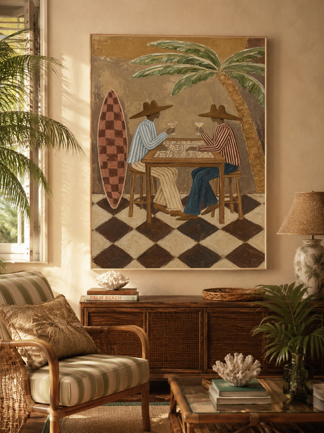 Tropical Surf Bar Painting With Cowboy Hats And Palm Tree For Coastal Living Room Decor