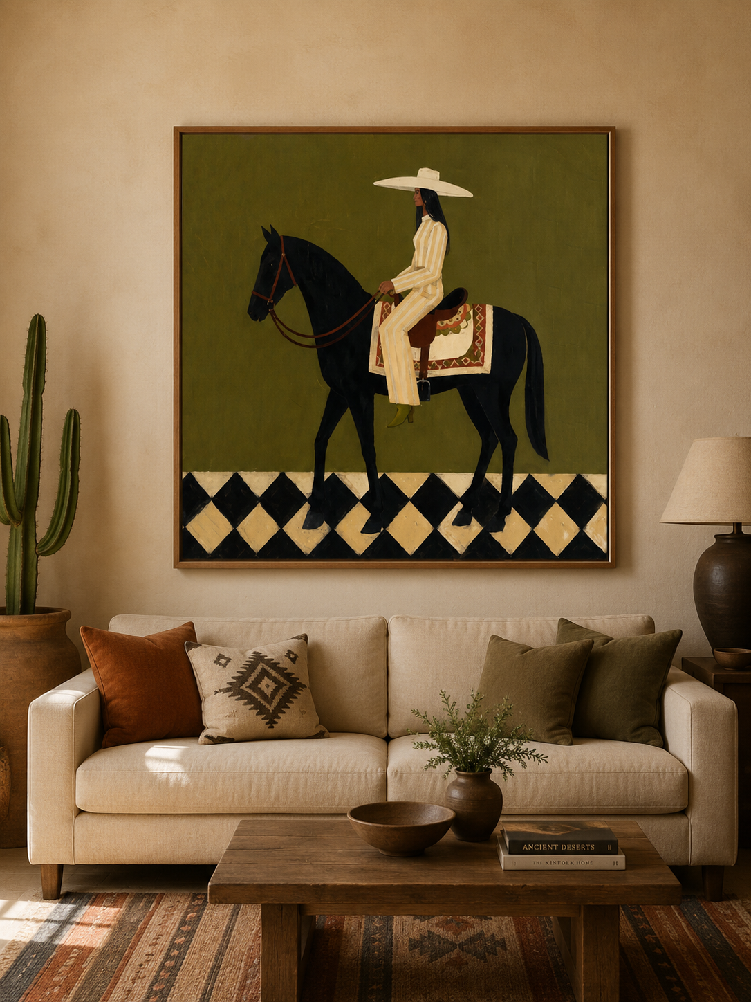 Vintage Horse And Rider Painting Sage Green Wall Art For Modern Home Decor
