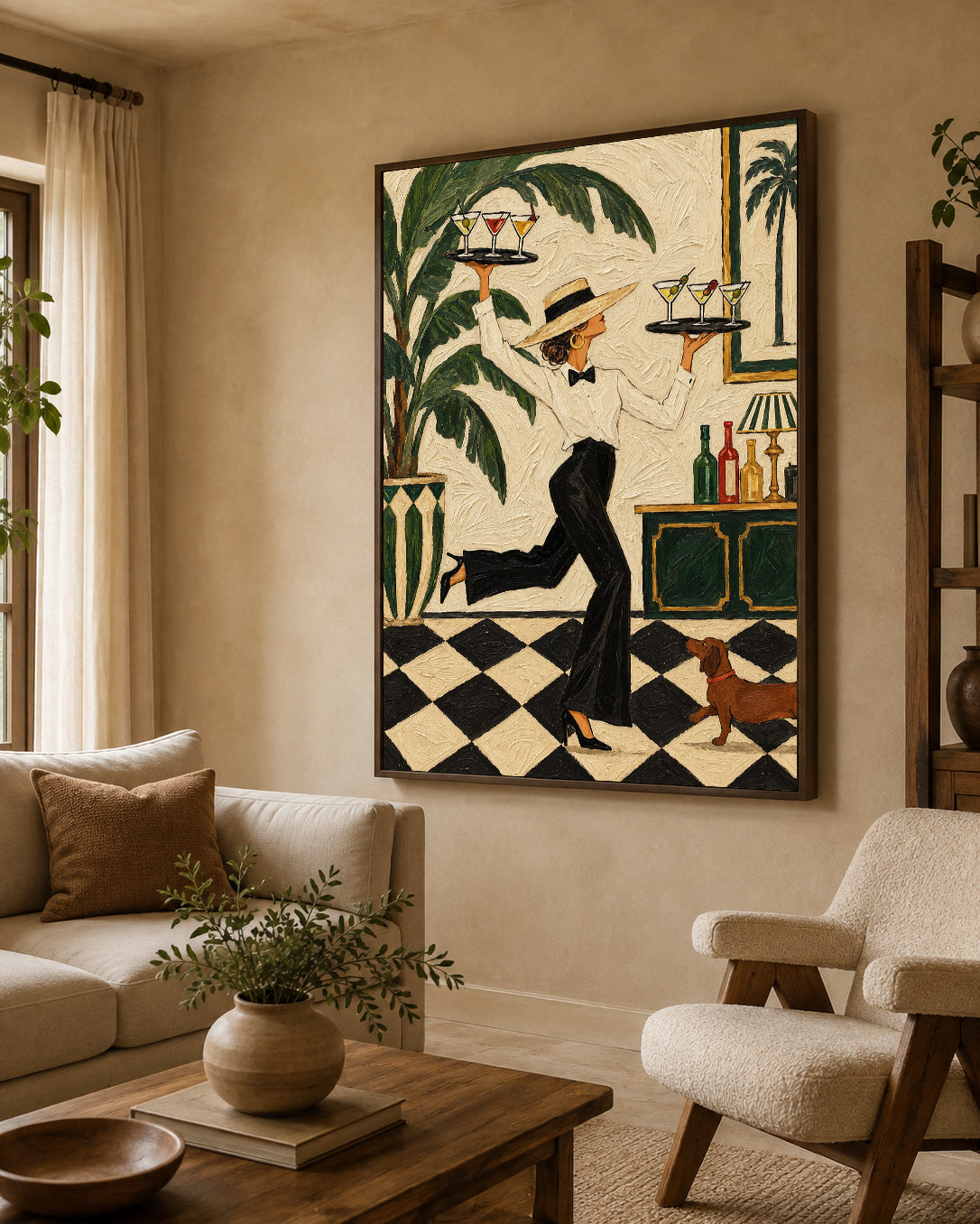 Vintage Waitress With Cocktails Art Deco Canvas Painting For Home Bar Decor