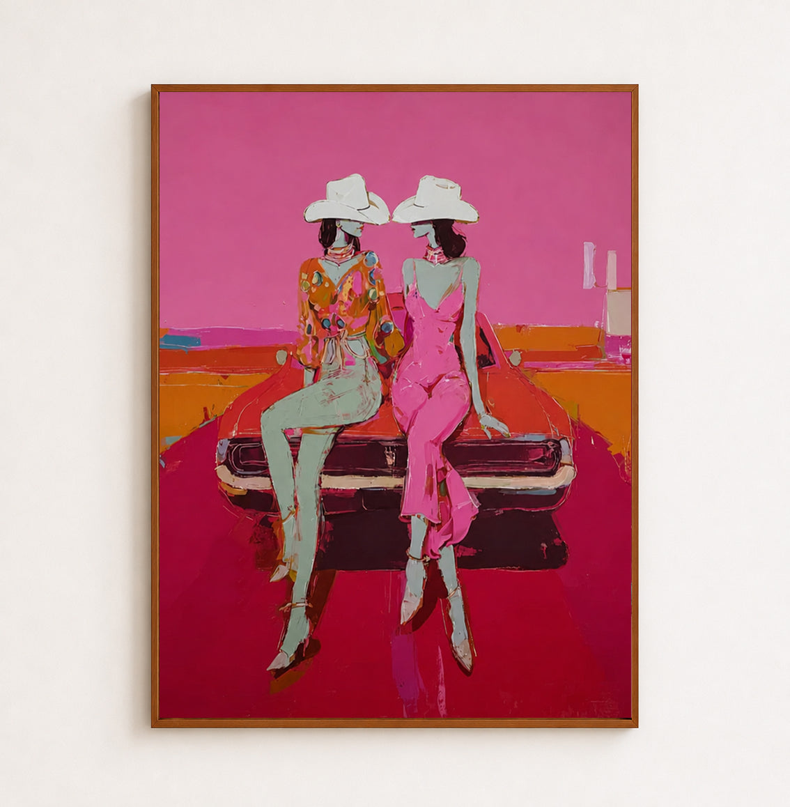Vibrant Pop Art Painting Of Women In Cowboy Hats With Classic Car For Modern Living Room Wall Decor
