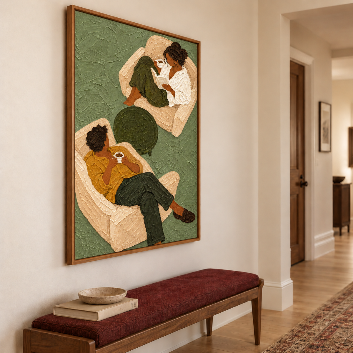 Sage Green Coffee Couple Painting, Original Textured Oil Art, Retro Figurative Canvas