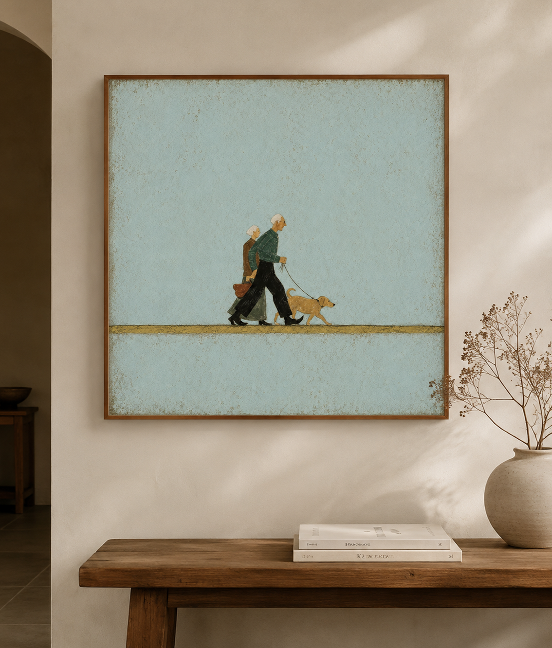 Vintage Dog Walking Painting For Pet Owners Retro Wall Art With Elderly Couple And Teal Background