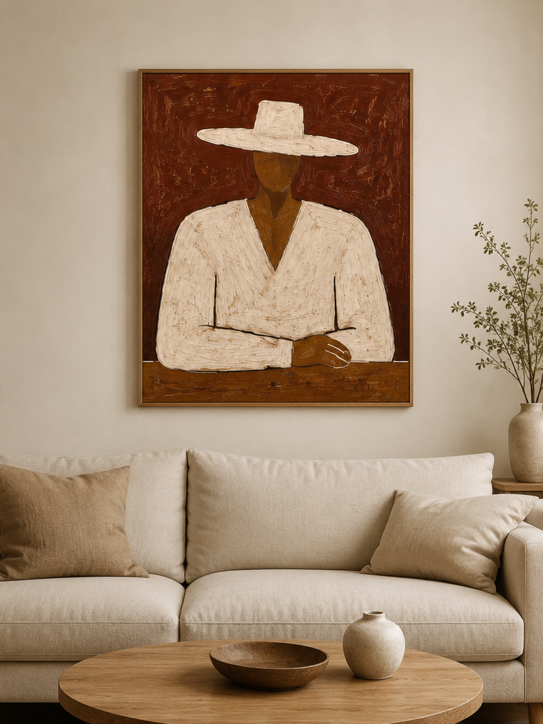 Minimalist Man In White Hat Original Oil Painting For Modern Living Room Decor