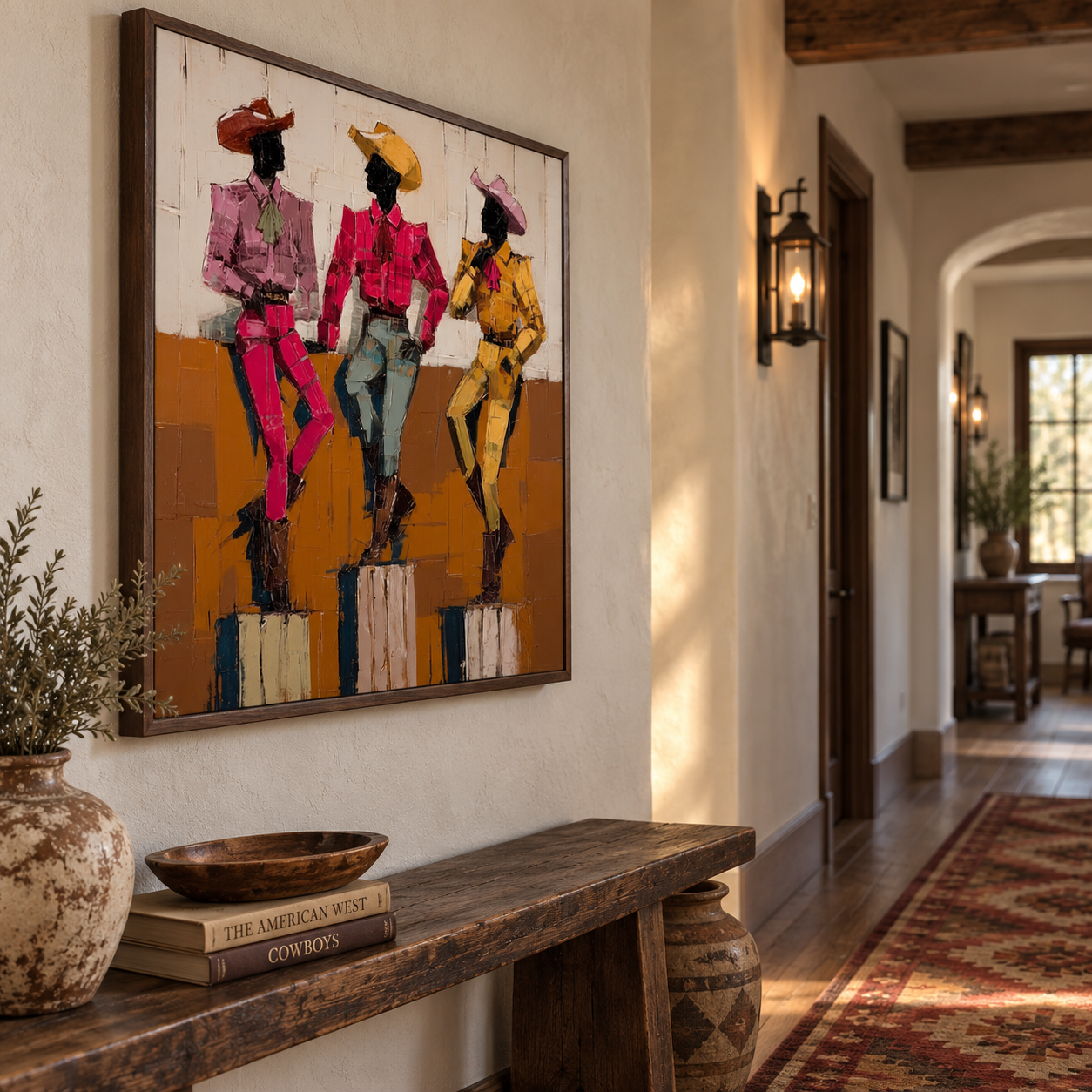 Hand-Painted Cowboy Group Canvas Art In Vintage Pink Yellow Blue Tones For Western Home Decor