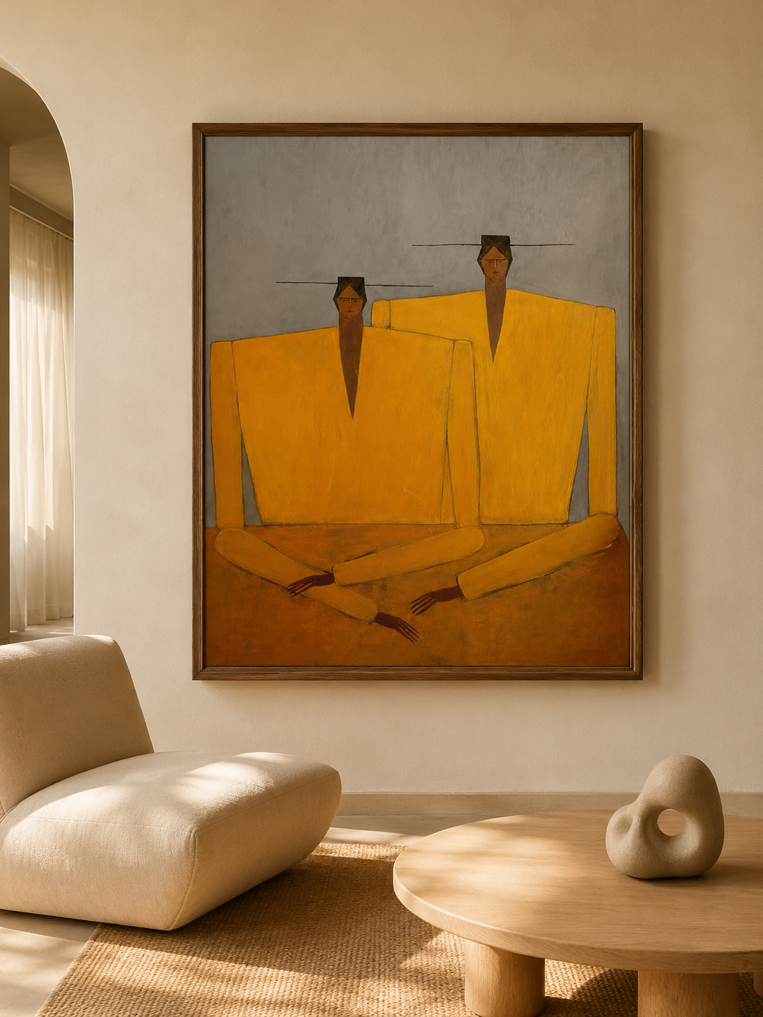 Hand-Painted Figurative Abstract Portrait Painting- Modern Yellow Statement Piece for Living Room