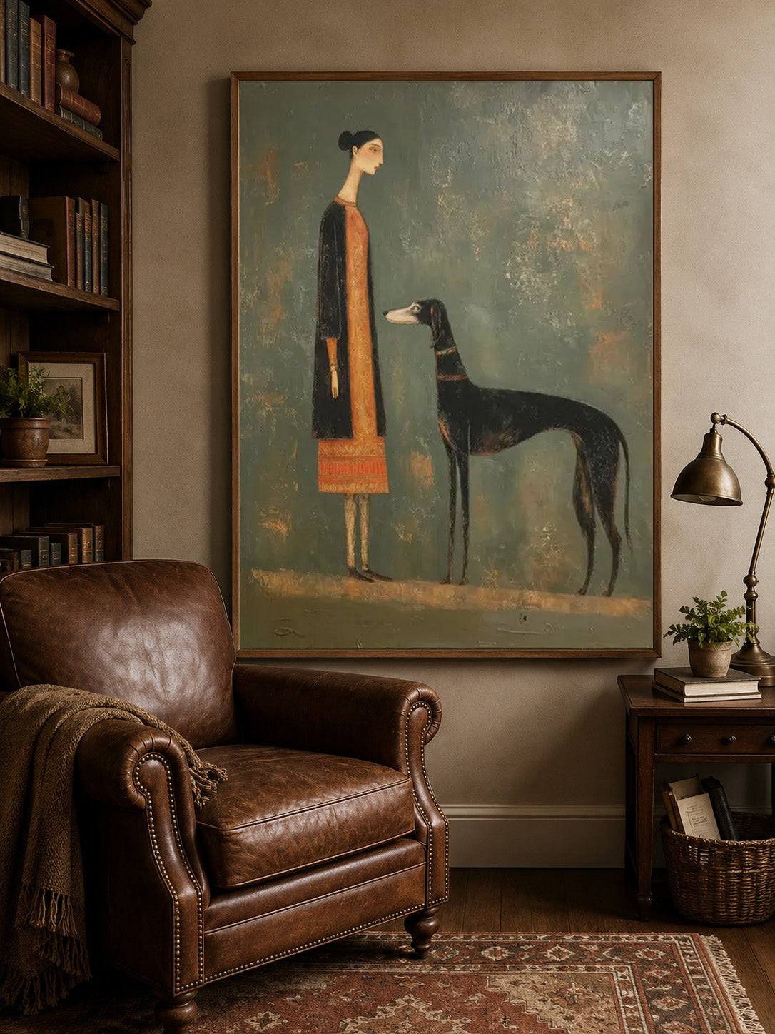 Vintage Woman And Dog Painting With Textured Sage Green Background For Living Room Decor