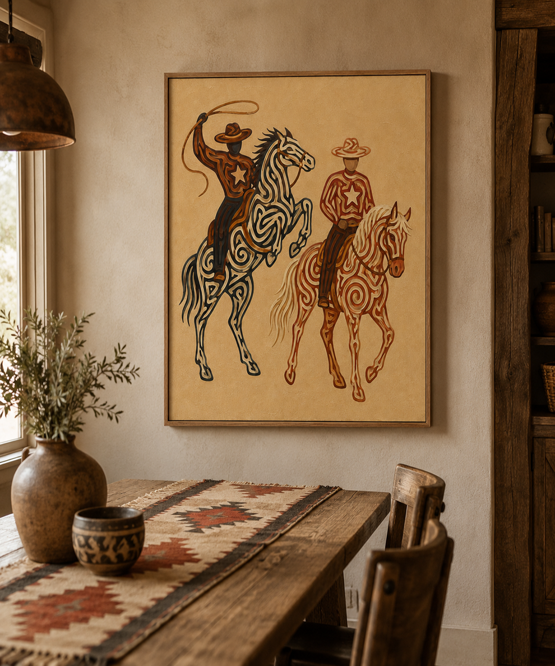 Western Rodeo Cowboys Painting, Horse And Lasso Wall Art, Southwestern Ranch Decor