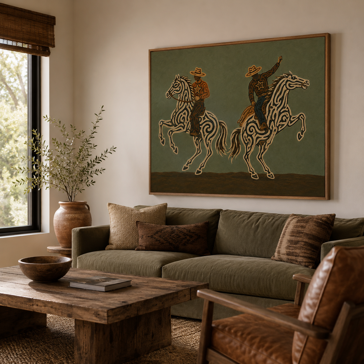 Two Cowboys Horse Painting, Olive Green Western Riders, Rustic Southwestern Equestrian Art