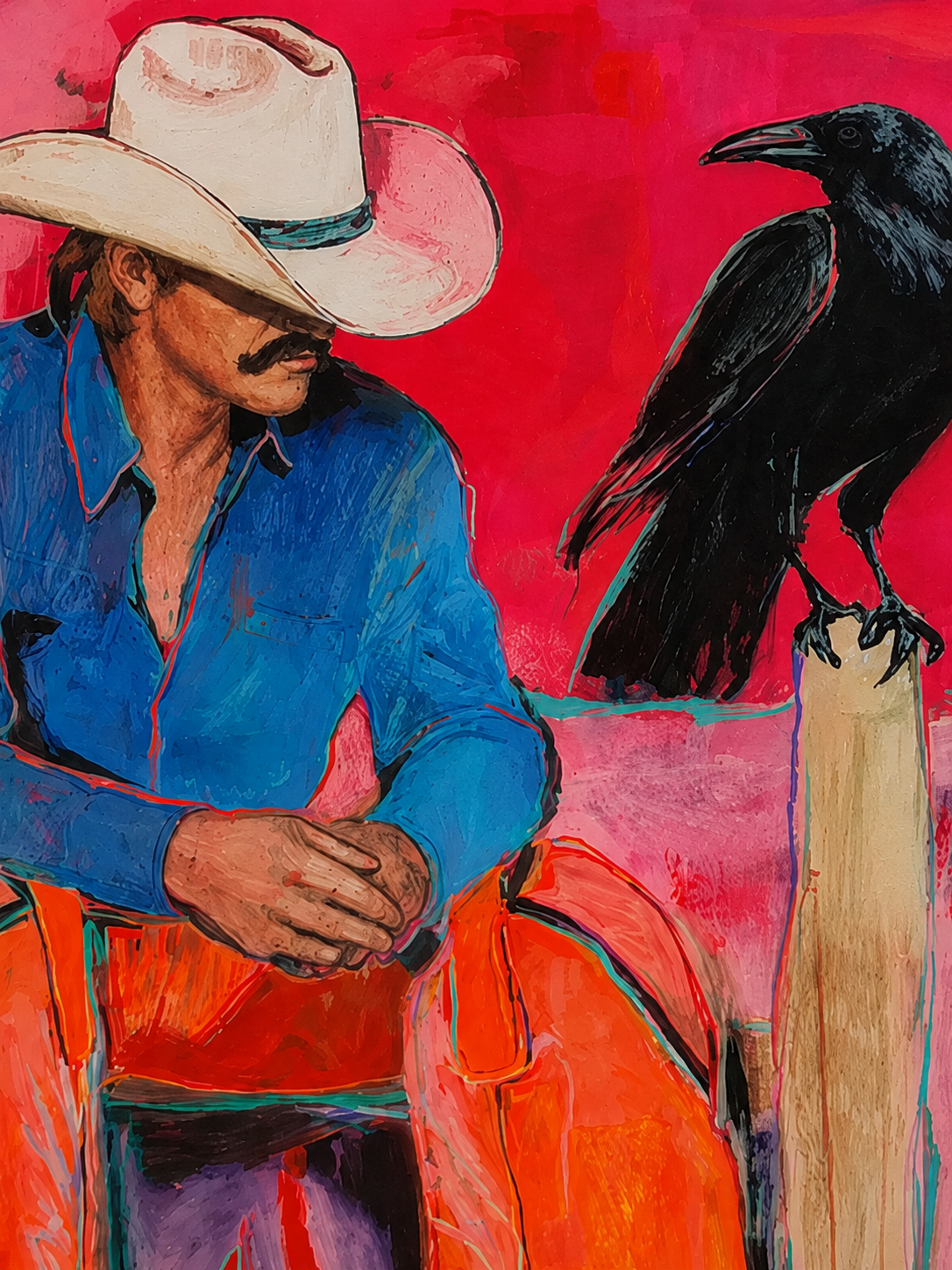 Modern Cowboy Painting With Raven For Living Room Wall Decor Original Art