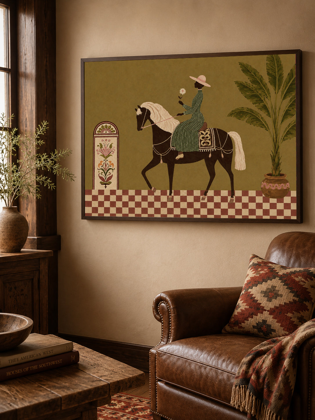 Tropical Equestrian Woman Painting, Vintage Resort Horse Art, Botanical Wall Decor