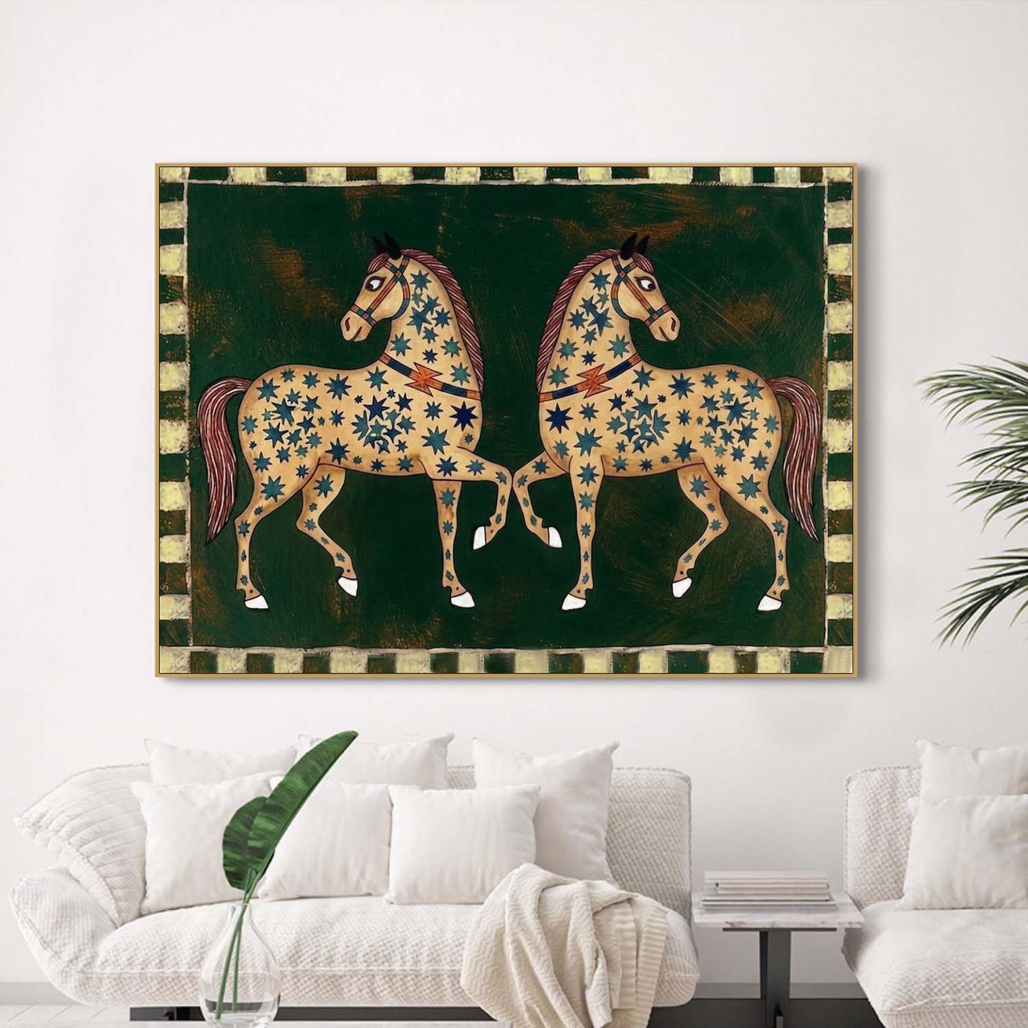 Mid-Century Modern Twin Horses Oil Painting - Folk Art Celestial Stars on Dark Green Canvas