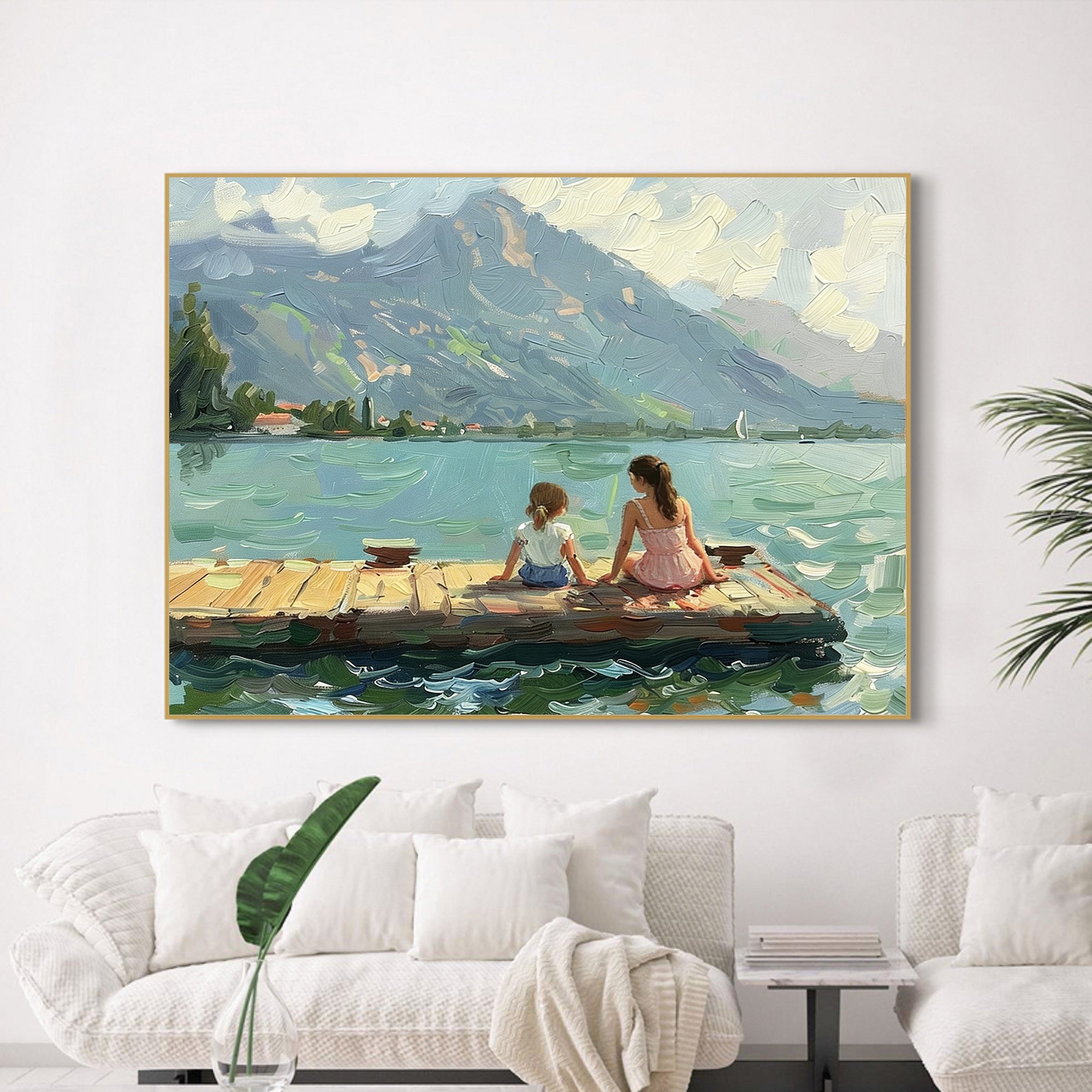 green landscape abstract painting two girls Summer lakeside landscape art