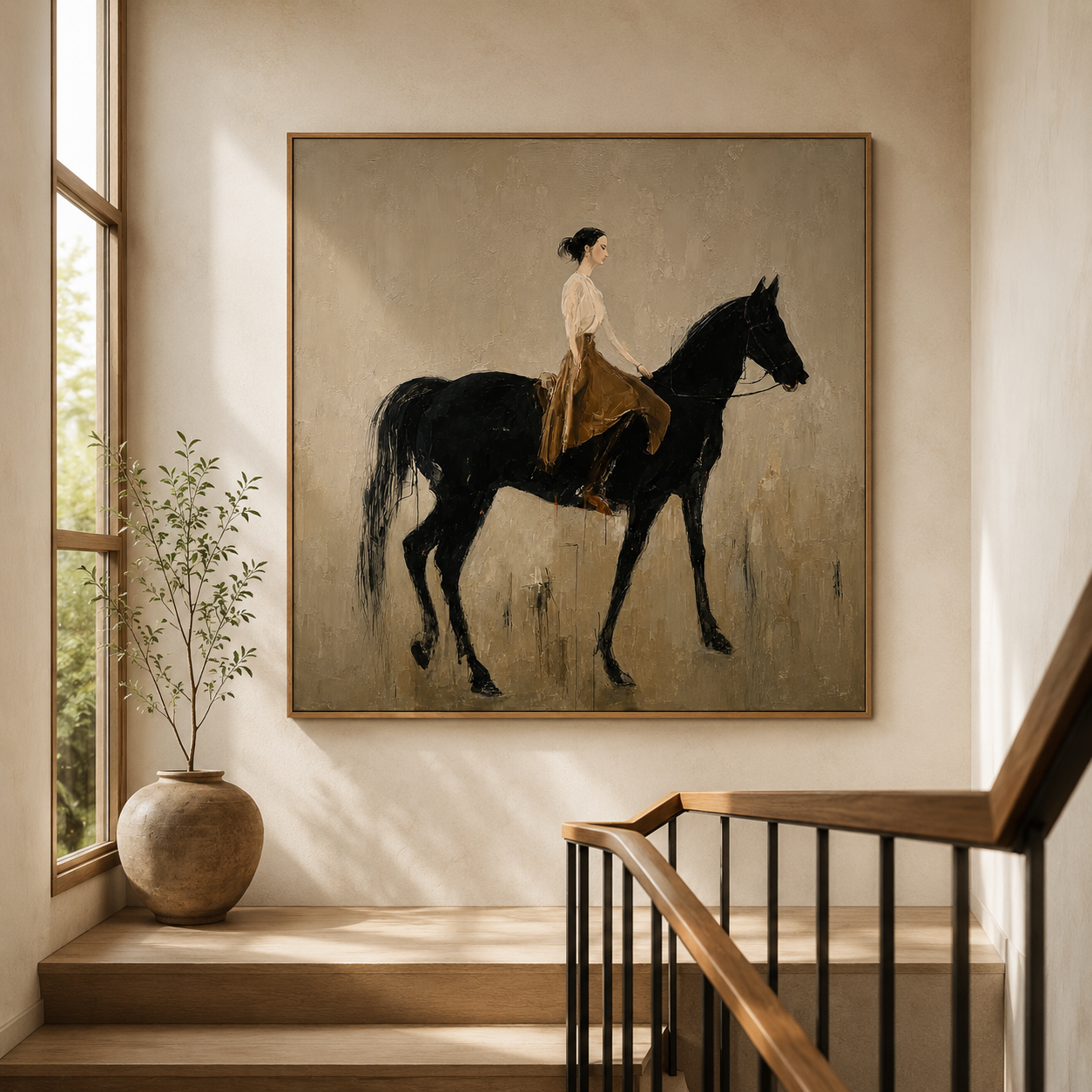 Figurative Horse And Rider Oil Painting Retro Style Wall Art For Living Room