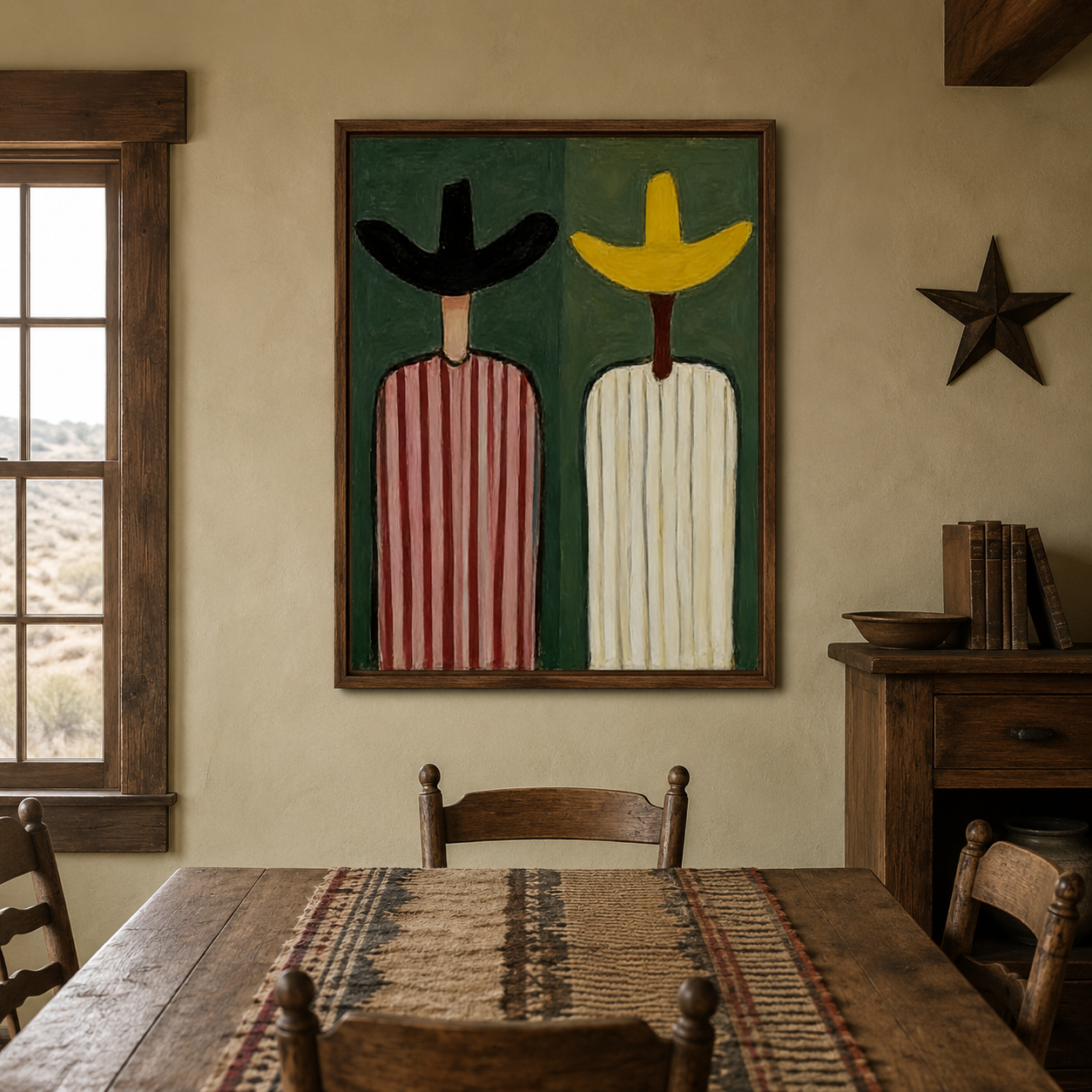 Abstract Figurative Painting With Sage Green Background And Striped Characters For Modern Home Decor