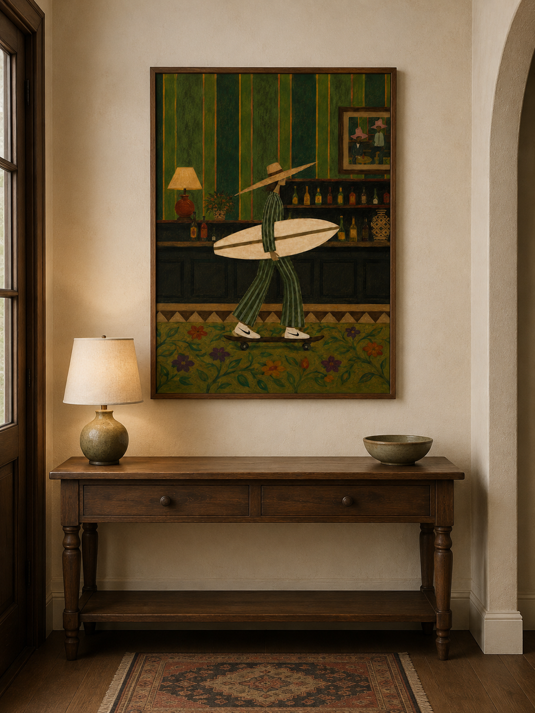Vintage Western Surf Art Canvas Print With Cowgirl Skateboard For Retro Home Decor