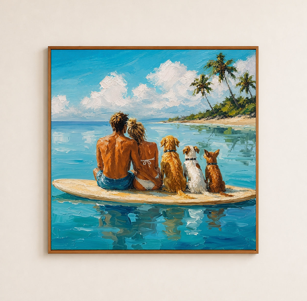 Summer Seascape Artwork Romantic Beach Painting With Dogs On Surfboard For Living Room Decor