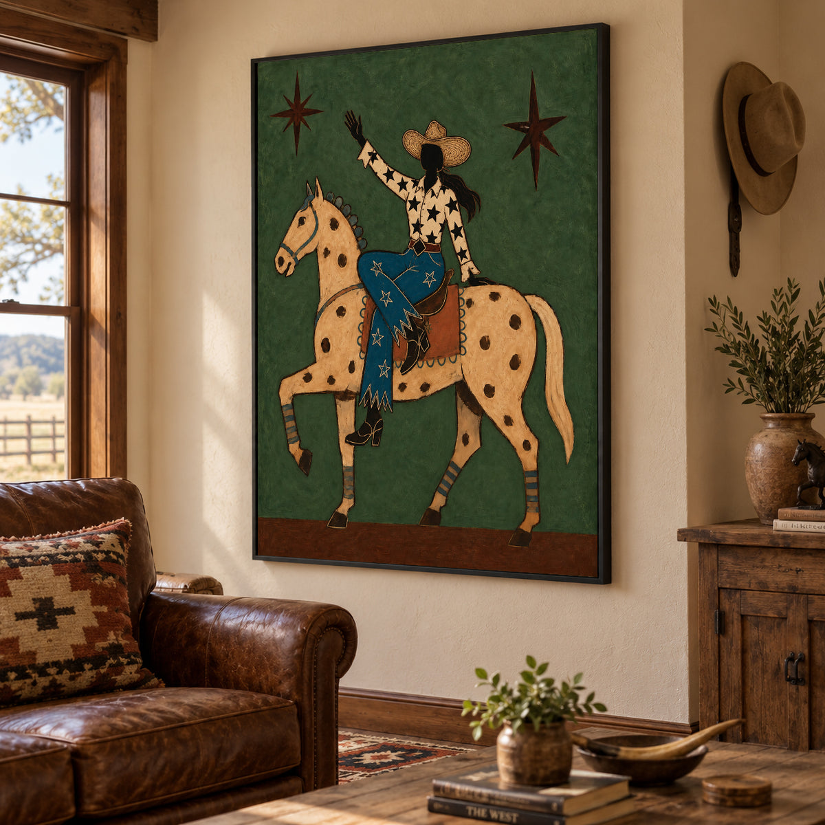 Cowgirl And Horse Canvas Painting With Star Pattern In Green