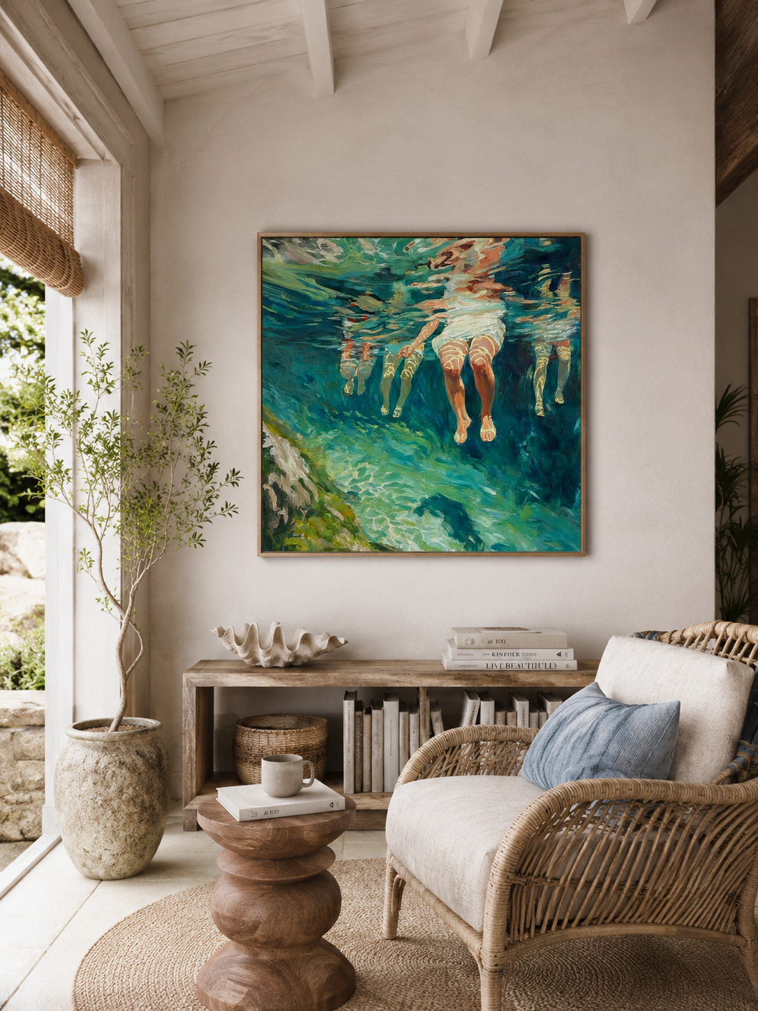 Summer Swimming Oil Painting For Beach House Living Room Wall Decor Art
