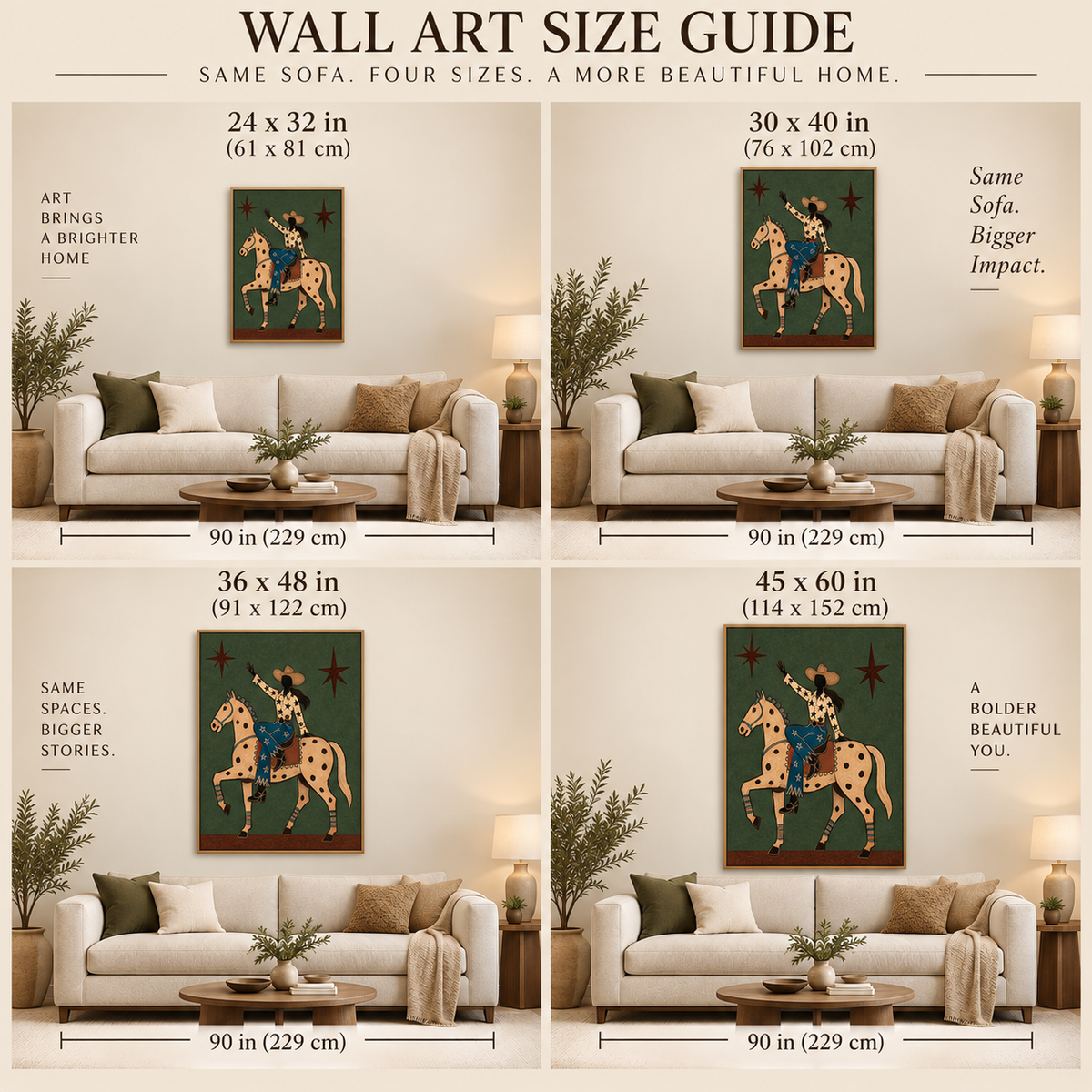 Cowgirl And Horse Canvas Painting With Star Pattern In Green