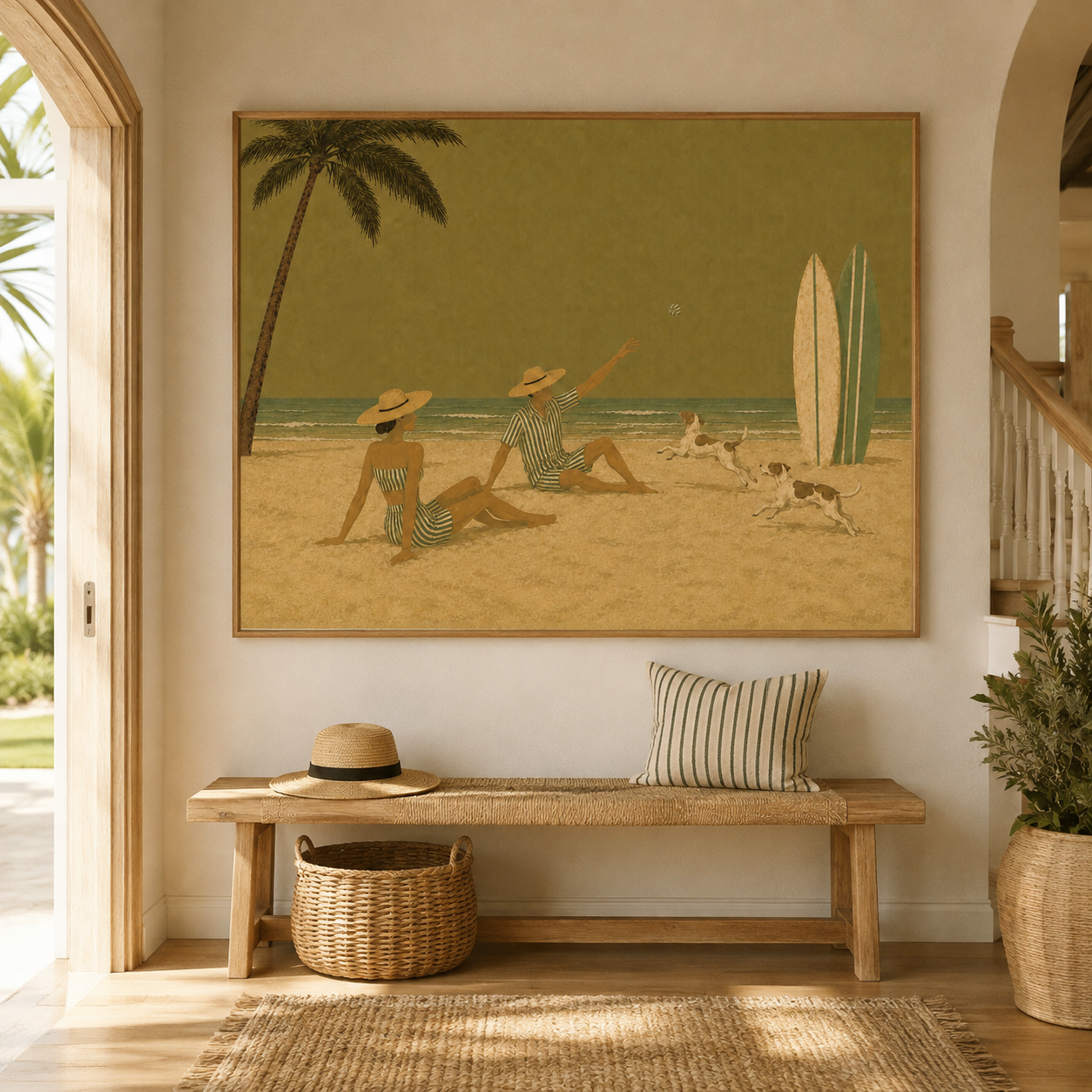 Surfboard Beach Art With Palm Tree And Dogs Vintage Style Original Canvas Painting For Coastal Or Vacation Home Walls