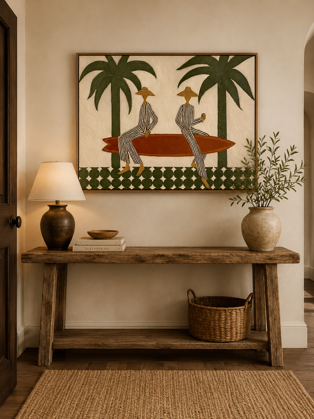 Bohemian Surfboard Wall Art With Green Palm Trees For Coastal Living Room Decor