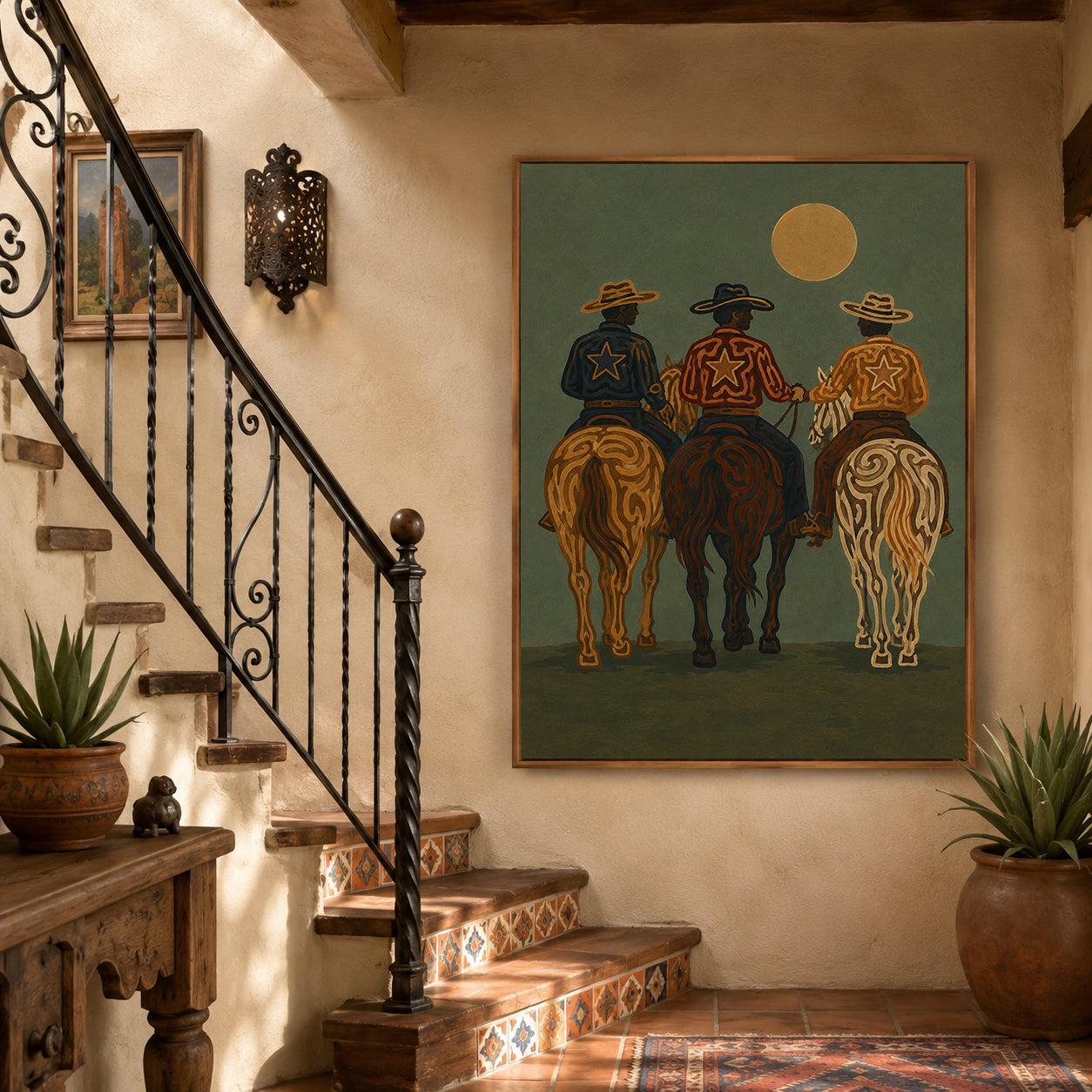 Three Cowboys Painting, Western Horse Riders, Rustic Southwestern Ranch Wall Art