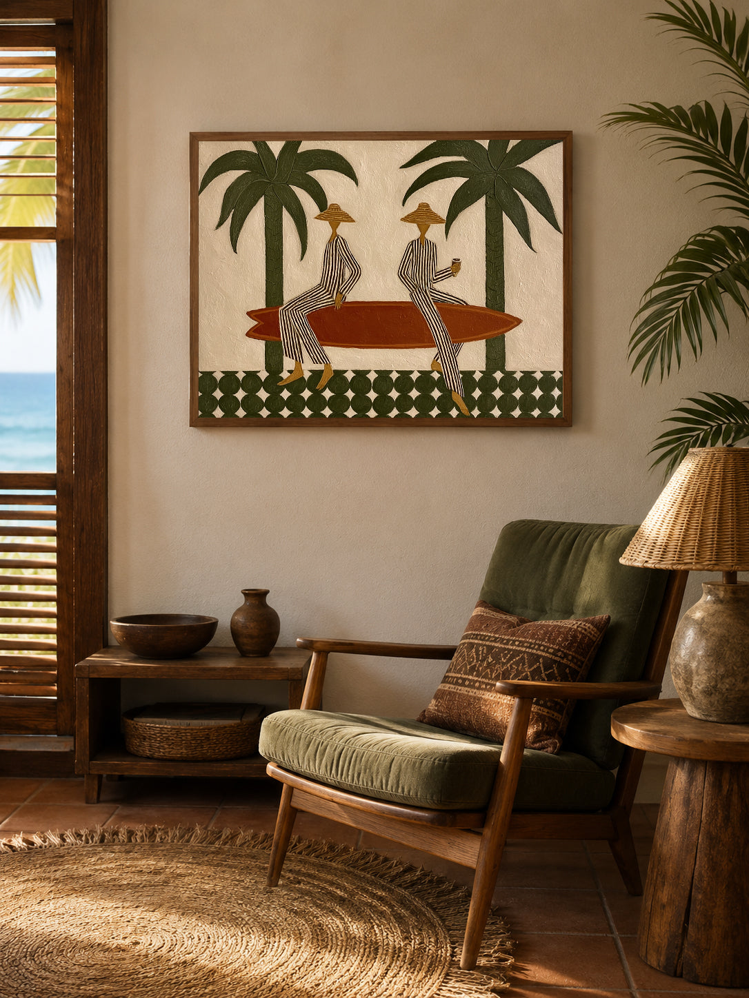 Bohemian Surfboard Wall Art With Green Palm Trees For Coastal Living Room Decor