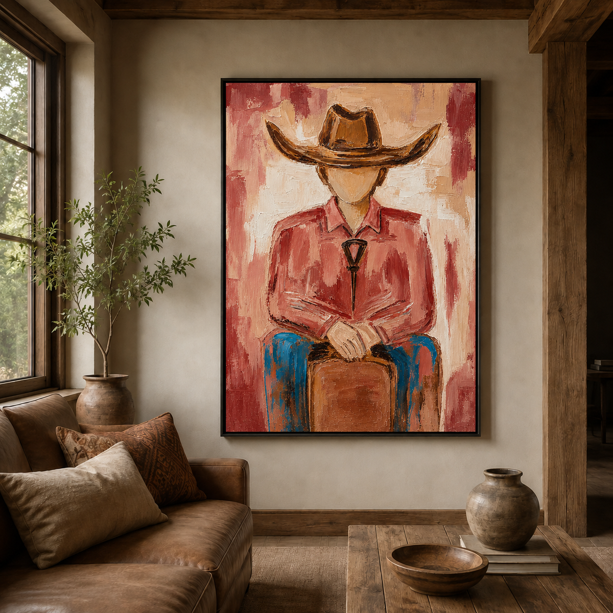 Cowboy Portrait Canvas Painting With Red Shirt And Hat Original Hand-Painted Wall Art