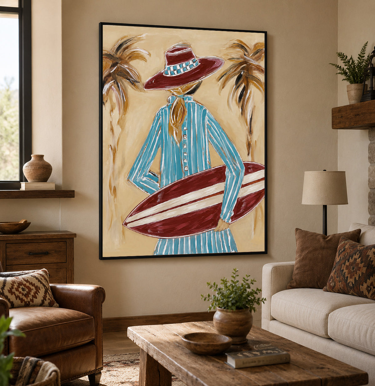 Coastal Cowboy Surfboard Canvas Art, Tropical Cowgirl Beach Wall Decor, California Surfing Painting