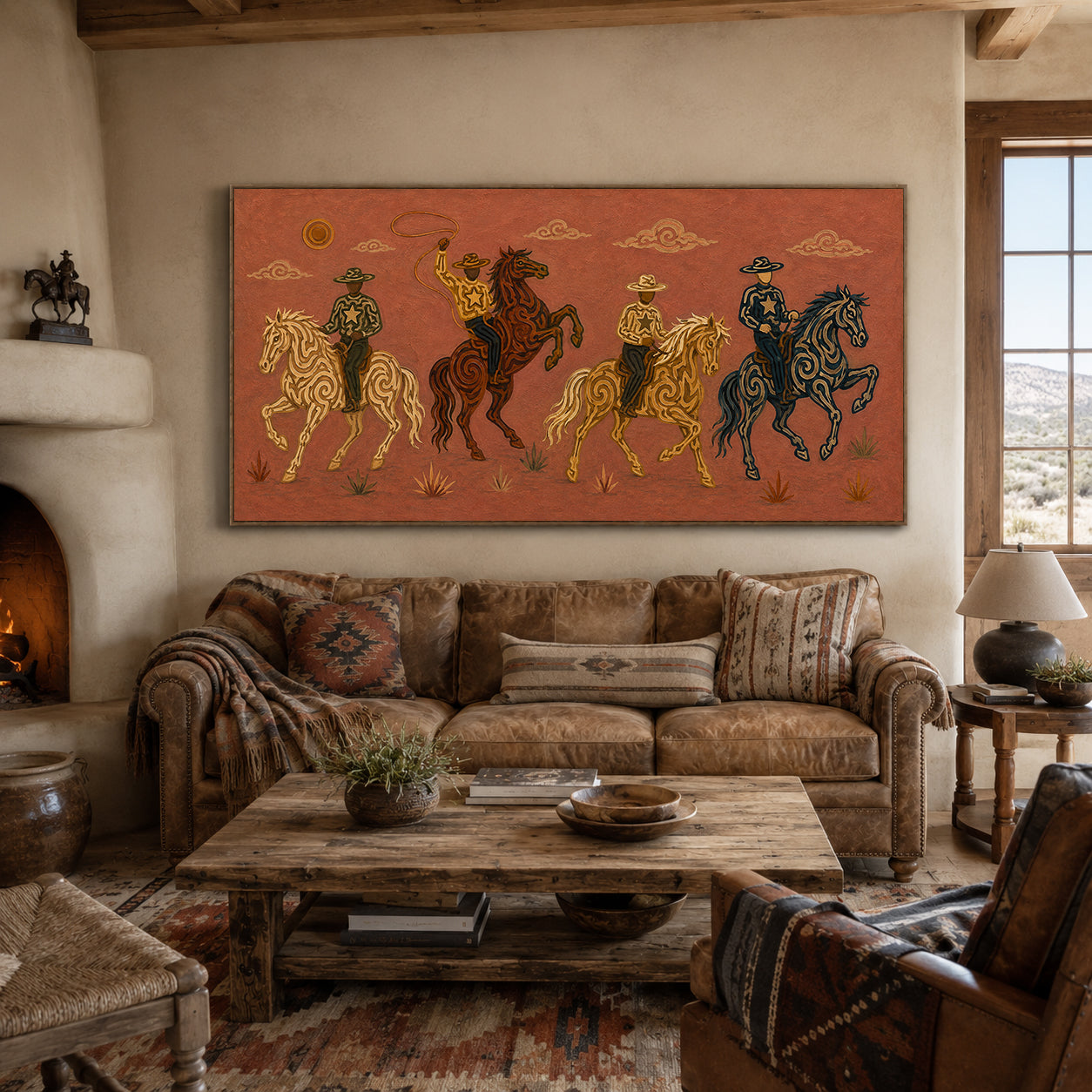 Panoramic Rodeo Cowboy Painting, Lasso Horse Riders, Southwestern Western Ranch Art