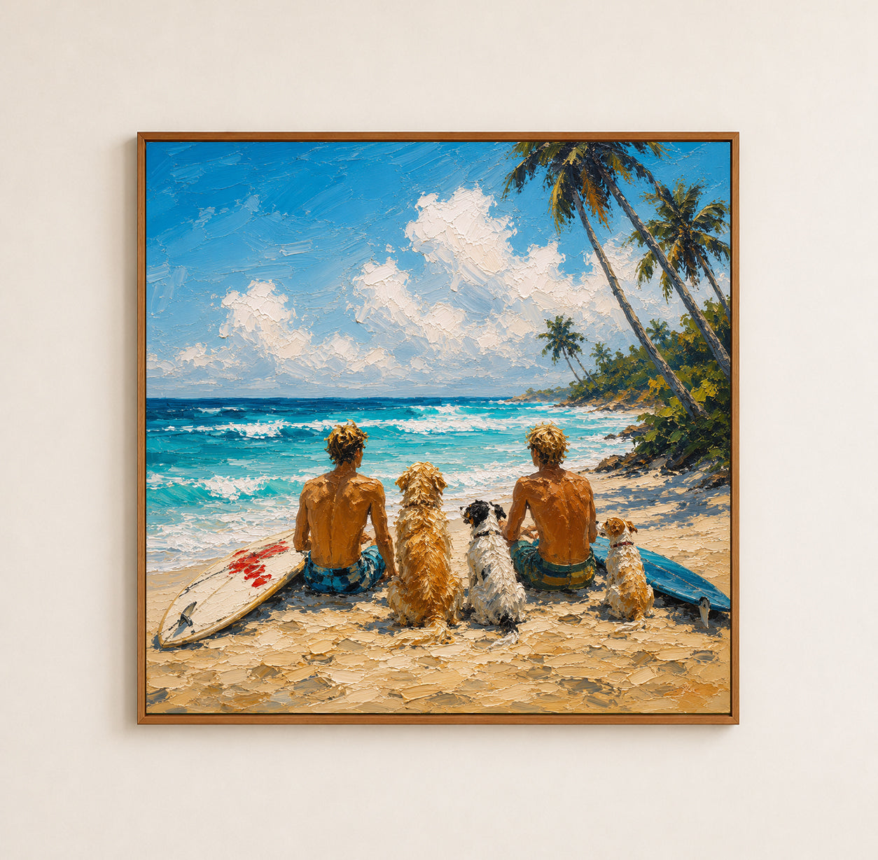 Modern Textured Beach Art Summer Beach Surfing Oil Painting With Dogs For Modern Home Decor