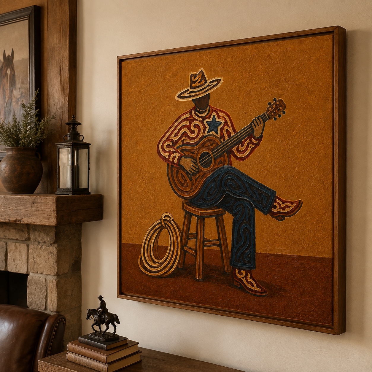 Cowboy Playing Guitar Art , Western Music Wall Art, Country Music Decor Painting, American Folk Art Style