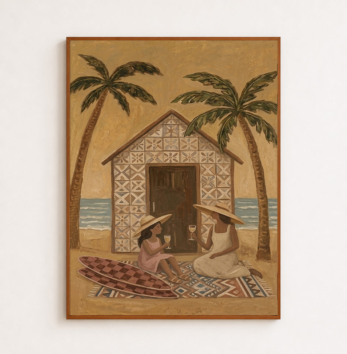 Bohemian Beach Art With Palm Trees And Mother Daughter Scene For Coastal Home Wall Decor