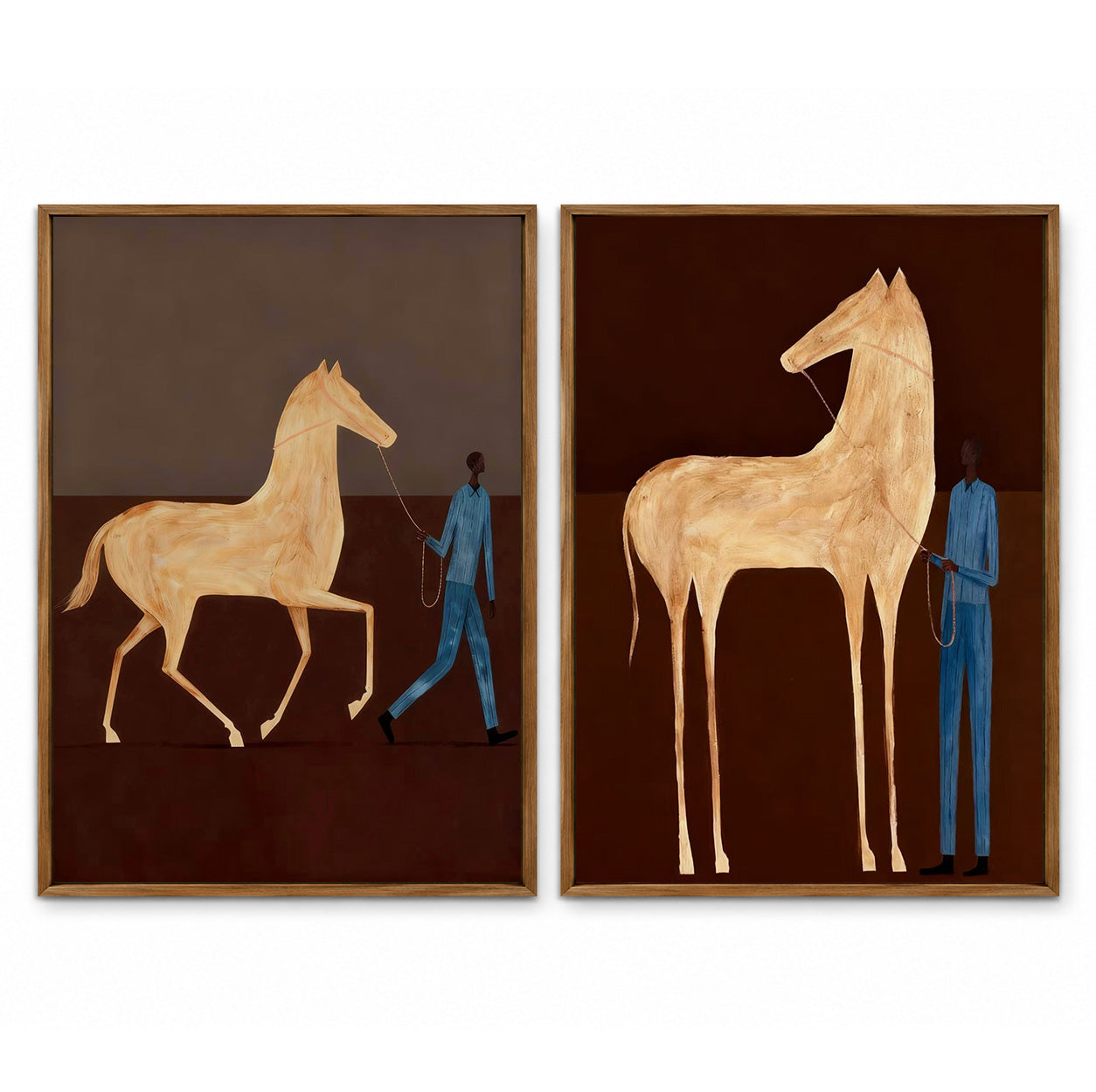 Vintage Brown Horse Painting Set With Blue Figure For Modern Home Decor