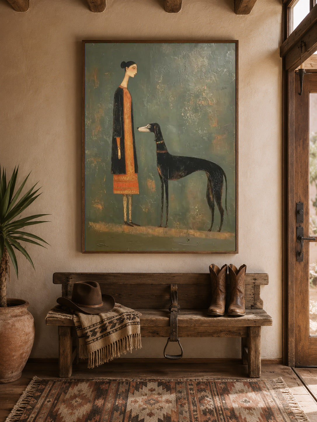 Vintage Woman And Dog Painting With Textured Sage Green Background For Living Room Decor