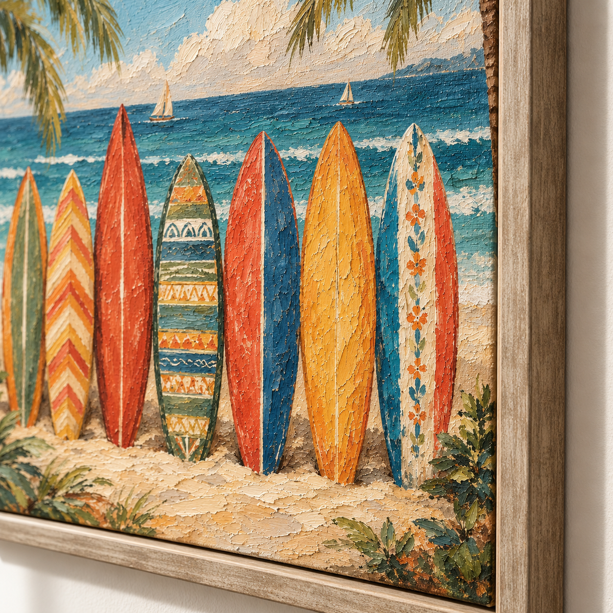 Colorful Vintage Surfboard Wall Art, Colorful Beach Oil Painting, Retro Boho Coastal Canvas