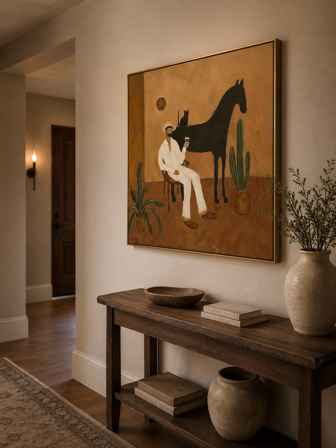 Elegant Man With Black Cat Painting For Mens Study Decor And Cat Lovers Gift