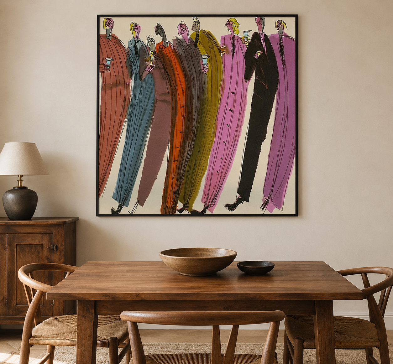 Vibrant Abstract Figure Painting Of Cocktail Party For Modern Living Room Decor